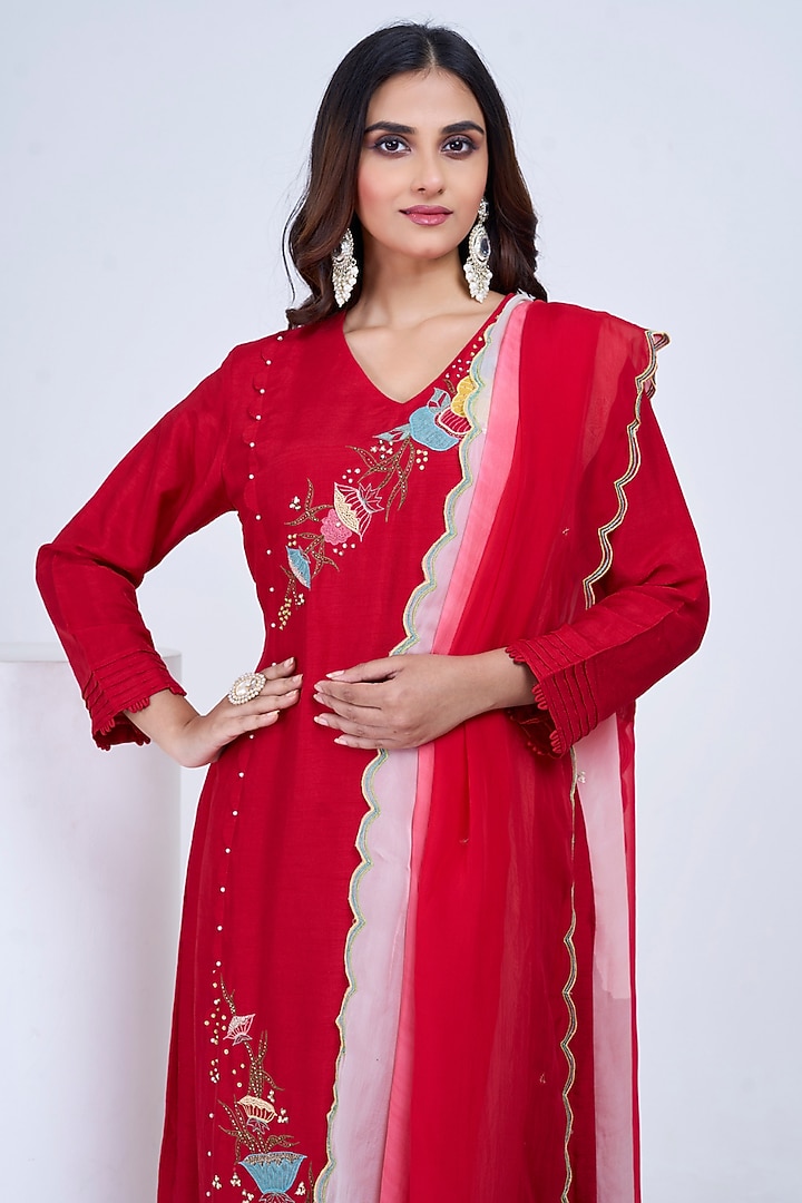 Red & Ivory Silk Embroidered Kurta Set by Ojasvini at Pernia's Pop Up Shop