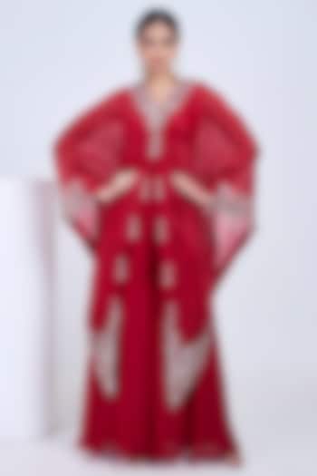 Red Organza Hand Embroidered Cape Set by Ojasvini at Pernia's Pop Up Shop