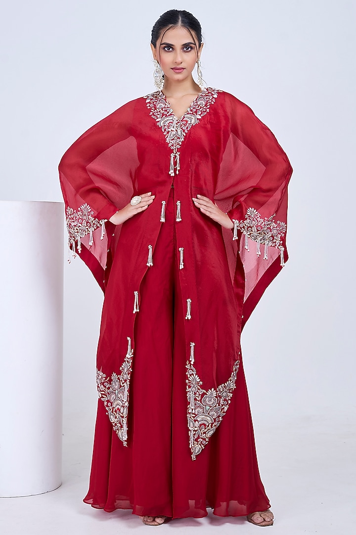 Red Organza Hand Embroidered Cape Set by Ojasvini at Pernia's Pop Up Shop