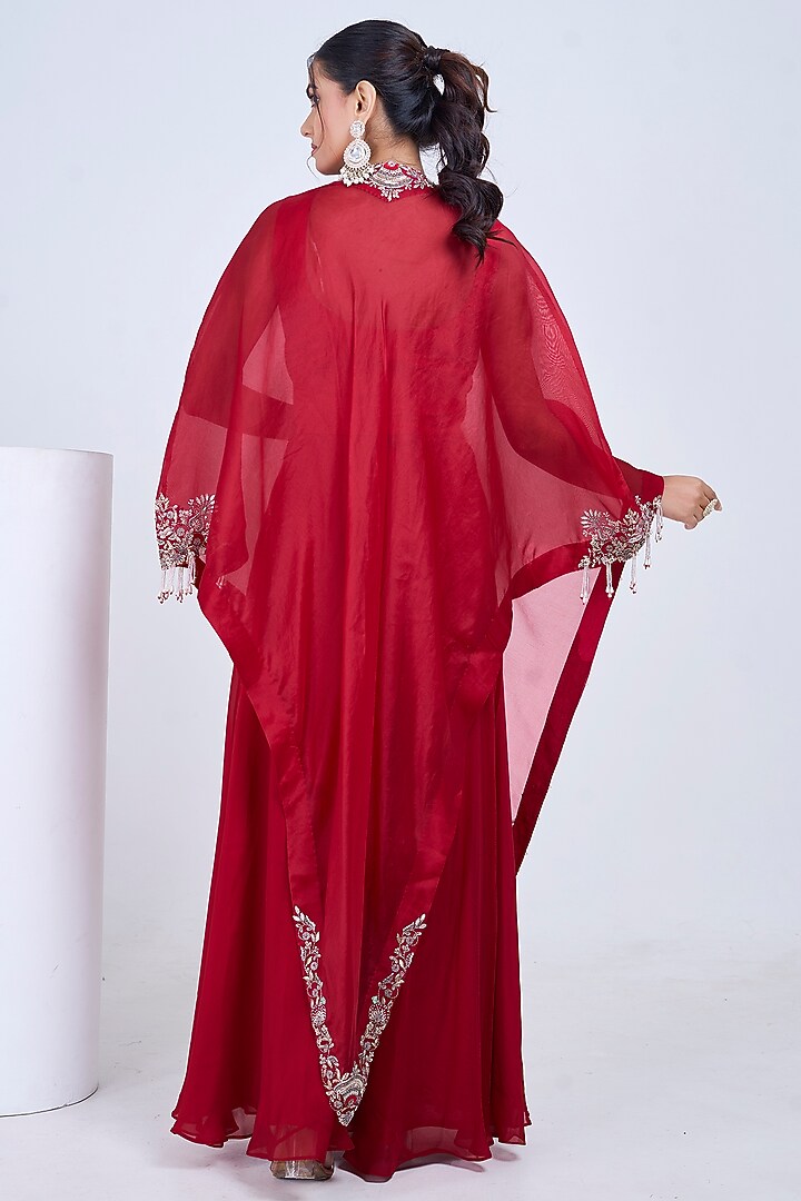 Red Organza Hand Embroidered Cape Set by Ojasvini at Pernia's Pop Up Shop
