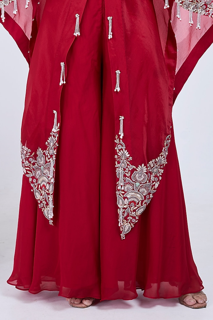 Red Organza Hand Embroidered Cape Set by Ojasvini at Pernia's Pop Up Shop
