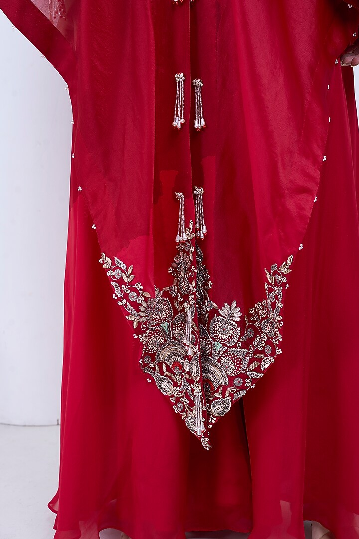 Red Organza Hand Embroidered Cape Set by Ojasvini at Pernia's Pop Up Shop