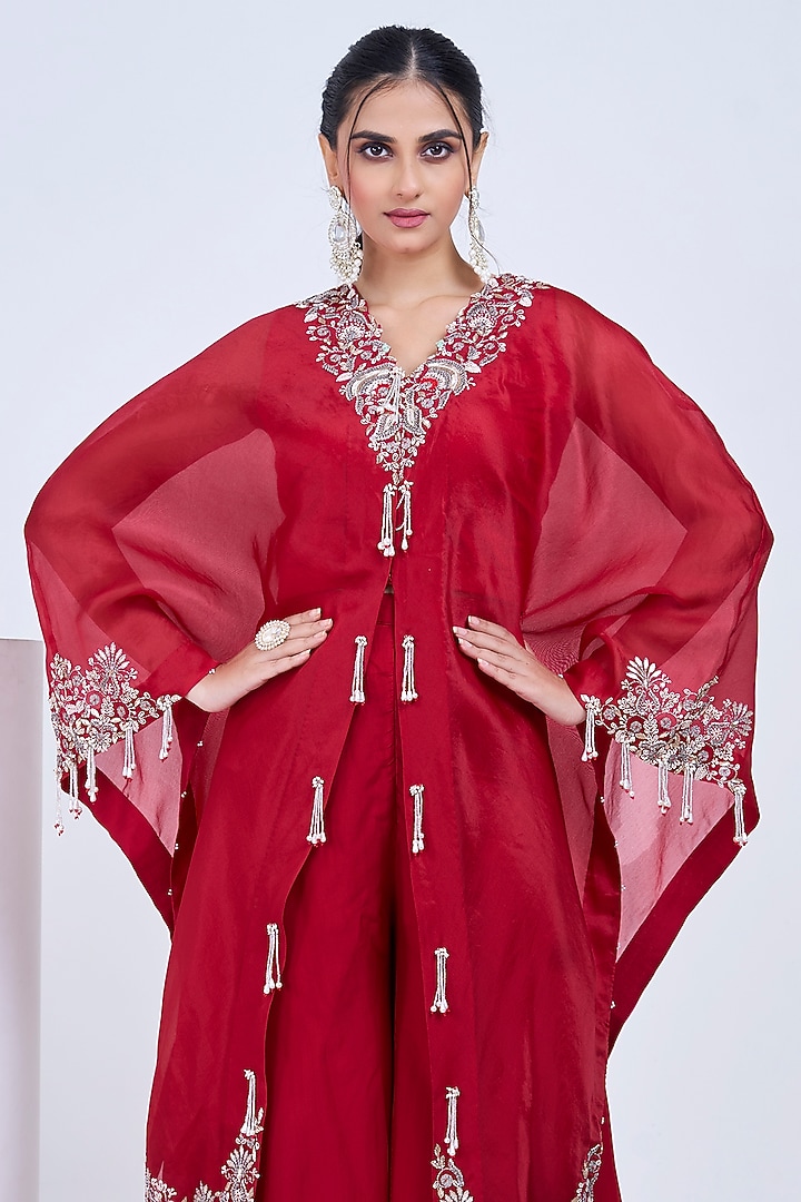 Red Organza Hand Embroidered Cape Set by Ojasvini at Pernia's Pop Up Shop