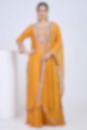 Mustard Silk & Georgette Hand Embroidered Kurta Set by Ojasvini at Pernia's Pop Up Shop