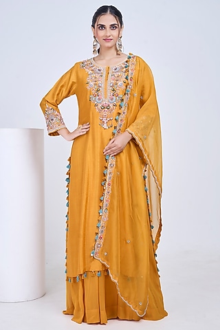 Mustard Silk & Georgette Hand Embroidered Kurta Set by Ojasvini
