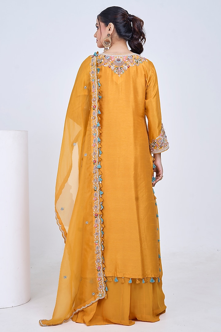 Mustard Silk & Georgette Hand Embroidered Kurta Set by Ojasvini at Pernia's Pop Up Shop