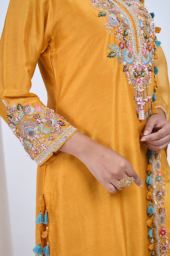 Mustard Silk & Georgette Hand Embroidered Kurta Set by Ojasvini at Pernia's Pop Up Shop