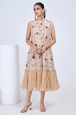 Gold & Light Gold Crush Tissue Hand Painted Dress by Ojasvini