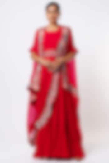 Red Georgette Zardosi Embroidered Draped Wedding Gown Saree Set by Ojasvini at Pernia's Pop Up Shop