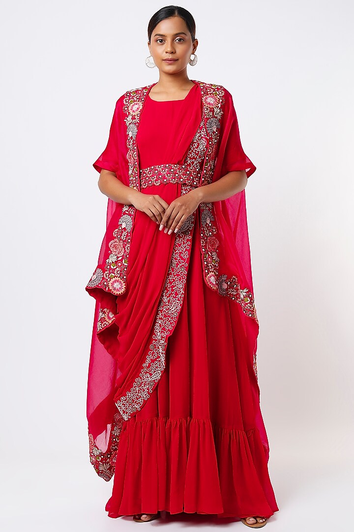 Red Georgette Zardosi Embroidered Draped Wedding Gown Saree Set by Ojasvini at Pernia's Pop Up Shop