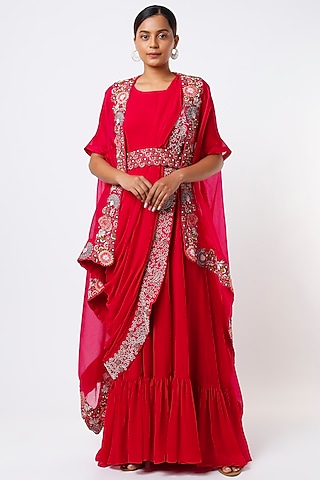 Red Georgette Zardosi Embroidered Draped Gown Saree Set by Ojasvini