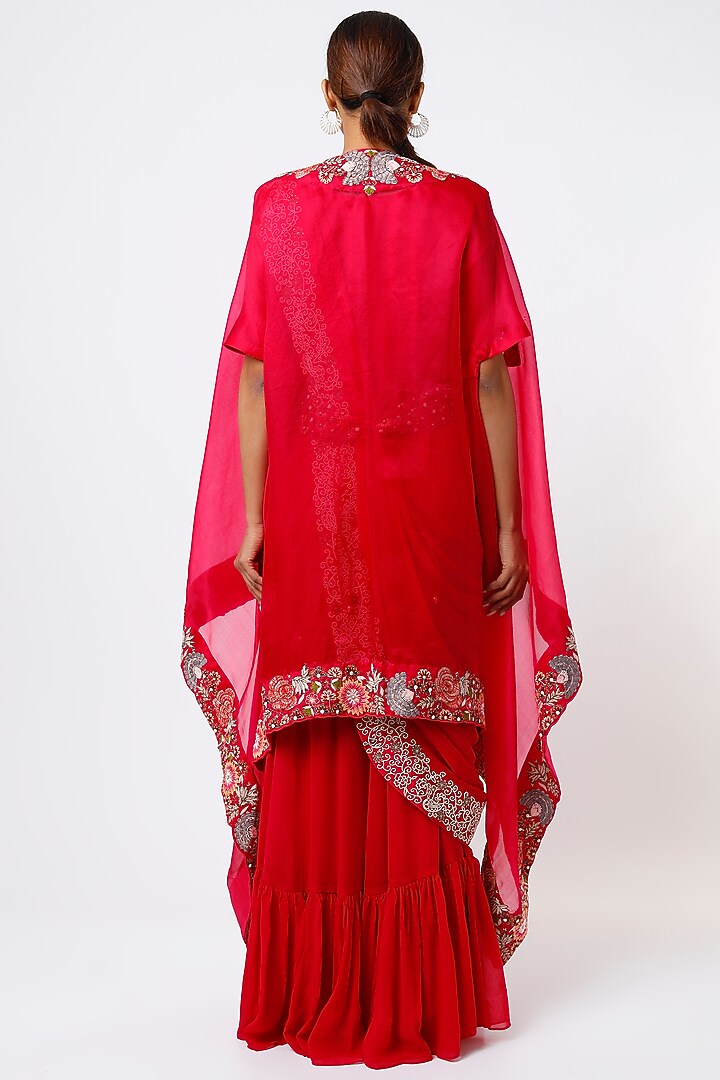 Red Georgette Zardosi Embroidered Draped Wedding Gown Saree Set by Ojasvini at Pernia's Pop Up Shop