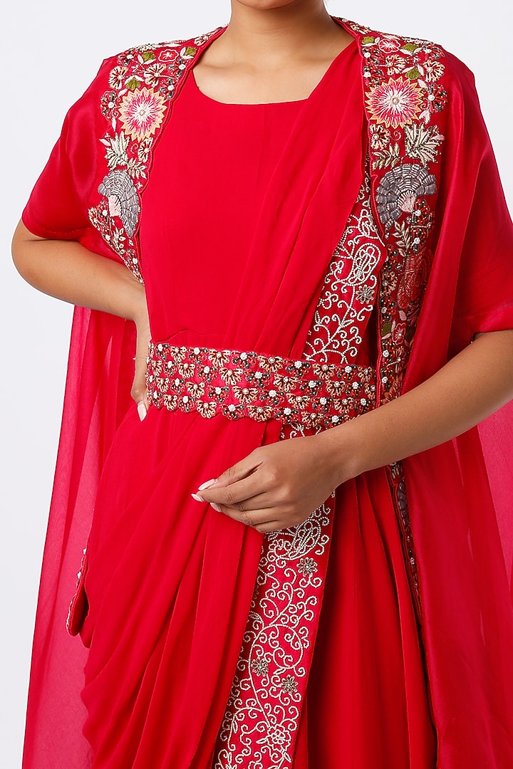 Red Georgette Zardosi Embroidered Draped Wedding Gown Saree Set by Ojasvini at Pernia's Pop Up Shop
