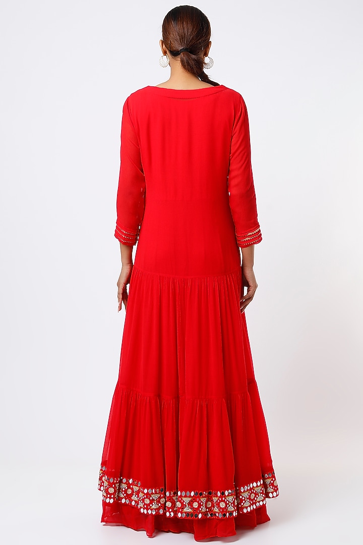Red Wedding Anarkali With Embroidered Jacket by Ojasvini at Pernia's Pop Up Shop