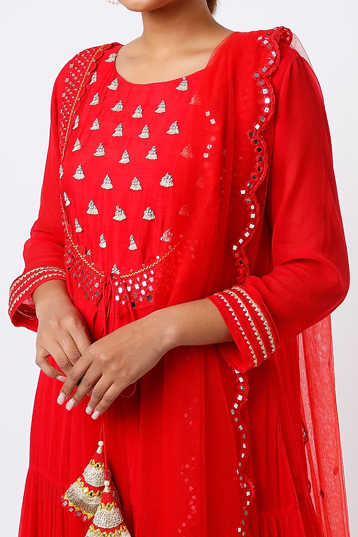 Red Wedding Anarkali With Embroidered Jacket by Ojasvini at Pernia's Pop Up Shop