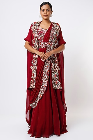 Wine Silk Draped Lehenga Set by Ojasvini