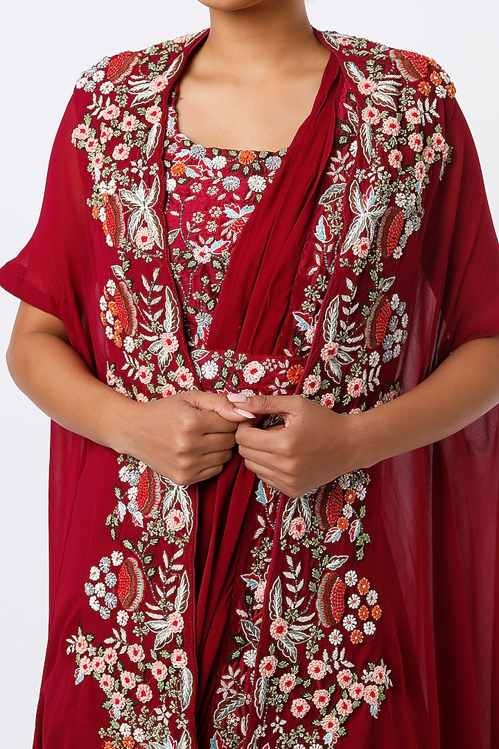 Wine Silk Draped Wedding Lehenga Set by Ojasvini at Pernia's Pop Up Shop