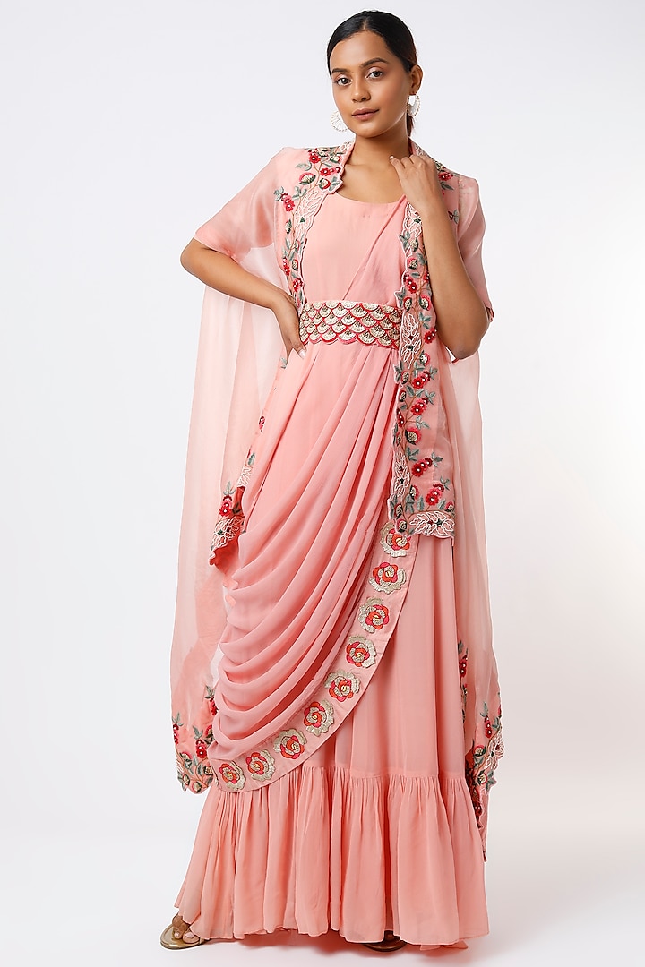 Blush Pink Embroidered Gown Saree Set by Ojasvini