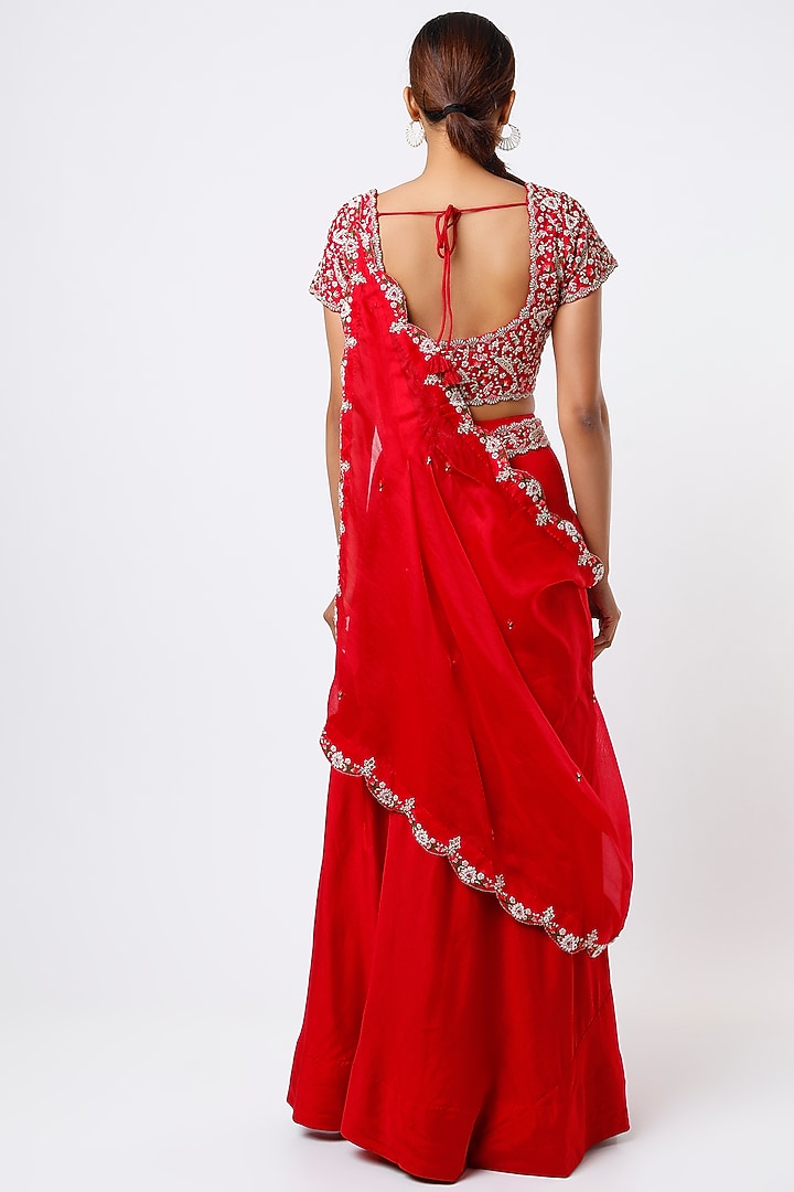 Red Silk & Organza Draped Wedding Lehenga Set by Ojasvini at Pernia's Pop Up Shop
