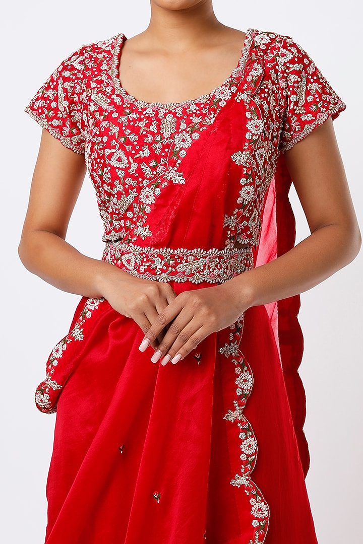 Red Silk & Organza Draped Wedding Lehenga Set by Ojasvini at Pernia's Pop Up Shop