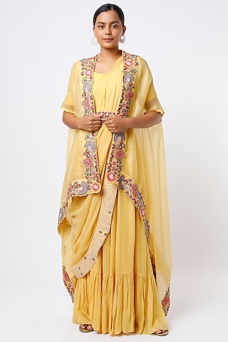 Yellow Embroidered Gown Saree Set by Ojasvini