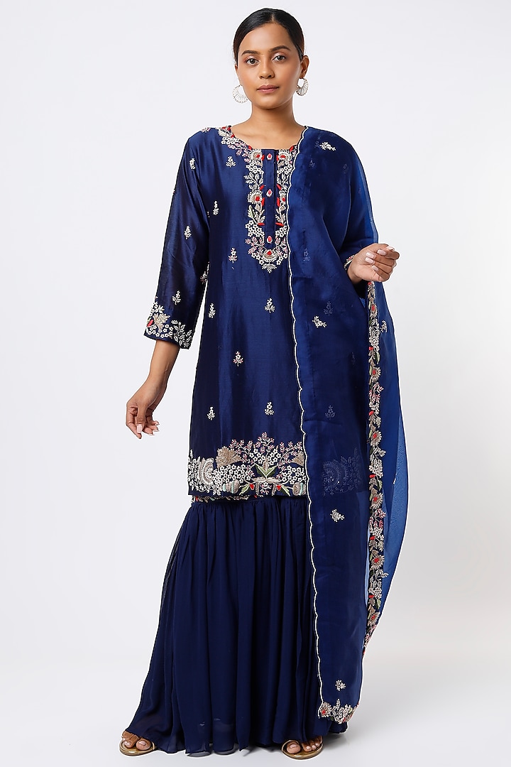 Navy Blue Georgette Wedding Sharara Set by Ojasvini at Pernia's Pop Up Shop