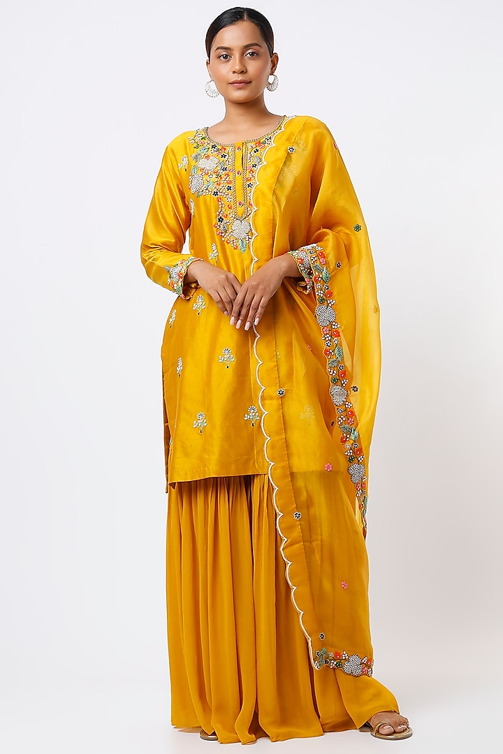 Yellow Georgette Sharara Set by Ojasvini at Pernia's Pop Up Shop