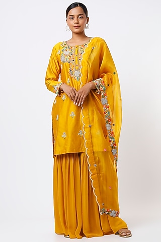 Yellow Georgette Sharara Set by Ojasvini