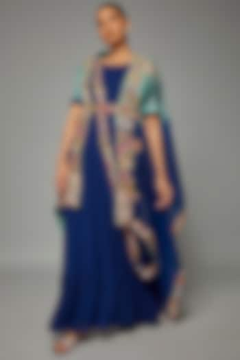 Blue Georgette Gown With Embroidered Drape by Ojasvini at Pernia's Pop Up Shop