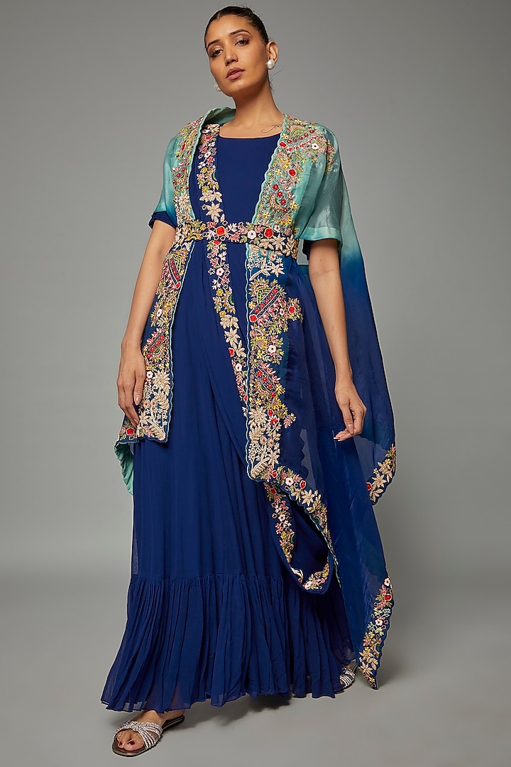 Blue Georgette Gown With Embroidered Drape by Ojasvini at Pernia's Pop Up Shop