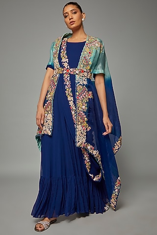 Blue Georgette Gown With Embroidered Drape by Ojasvini