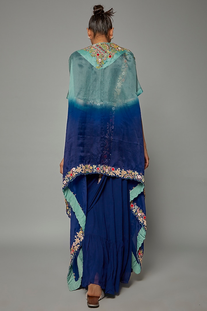 Blue Georgette Engagement Gown With Embroidered Drape by Ojasvini at Pernia's Pop Up Shop