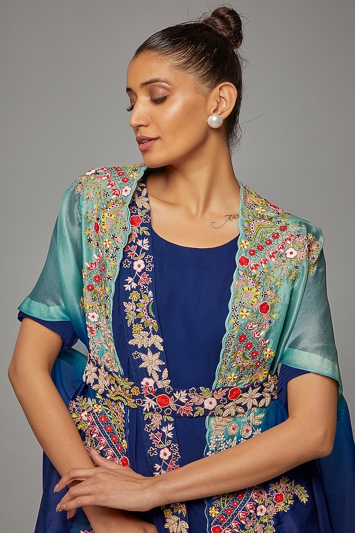 Blue Georgette Engagement Gown With Embroidered Drape by Ojasvini at Pernia's Pop Up Shop