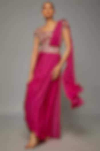 Fuchsia Pink Modal Satin Pre-Stitched Draped Saree Set by Ojasvini