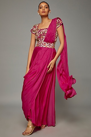 Fuchsia Pink Modal Satin Pre-Stitched Draped Saree Set by Ojasvini