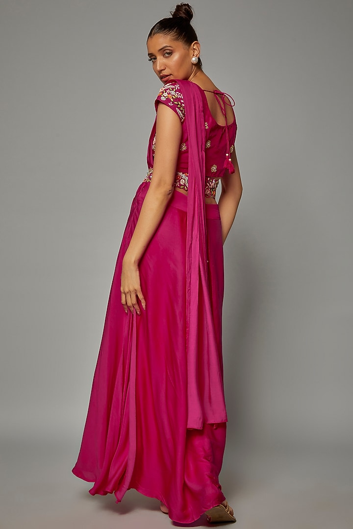 Fuchsia Pink Modal Satin Pre-Stitched Draped Party Wear Saree Set by Ojasvini at Pernia's Pop Up Shop