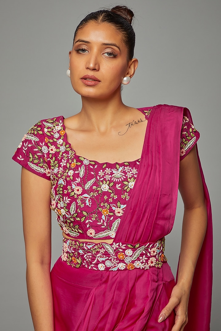 Fuchsia Pink Modal Satin Pre-Stitched Draped Party Wear Saree Set by Ojasvini at Pernia's Pop Up Shop
