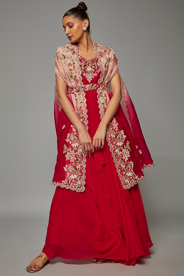 Cherry Red Georgette Embroidered Anarkali Set by Ojasvini at Pernia's Pop Up Shop