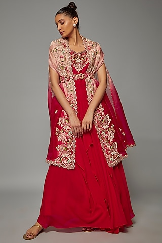 Cherry Red Georgette Embroidered Anarkali Set by Ojasvini