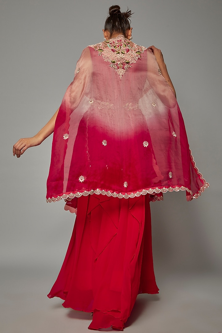 Cherry Red Georgette Embroidered Wedding Anarkali Set by Ojasvini at Pernia's Pop Up Shop