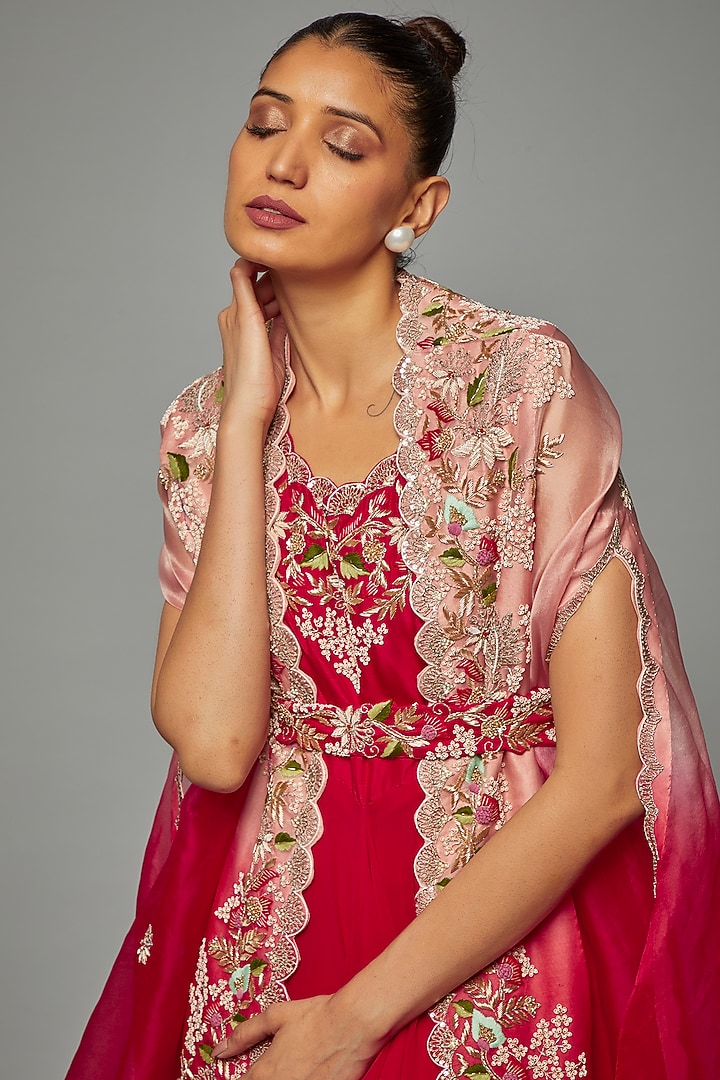 Cherry Red Georgette Embroidered Wedding Anarkali Set by Ojasvini at Pernia's Pop Up Shop
