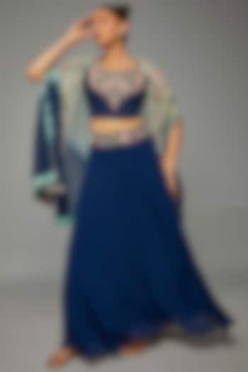 Blue Organza & Silk Skirt Set by Ojasvini