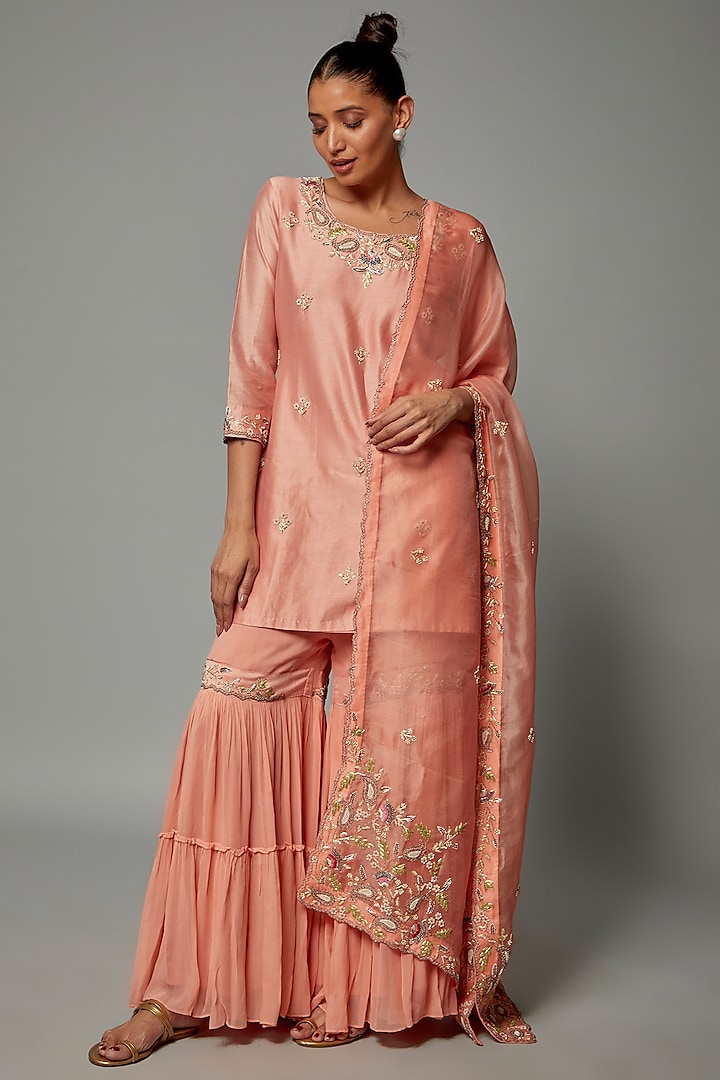 Blush Pink Georgette Sharara Set by Ojasvini at Pernia's Pop Up Shop