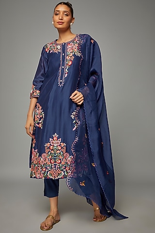 Blue Silk Chanderi Embroidered Kurta Set by Ojasvini