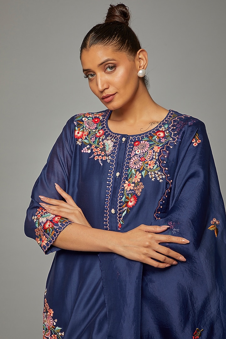 Blue Silk Chanderi Embroidered Kurta Set by Ojasvini at Pernia's Pop Up Shop