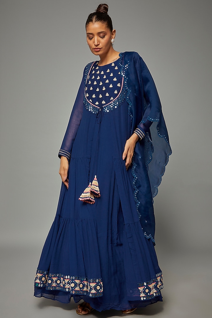 Blue Silk Embroidered Anarkali Set by Ojasvini