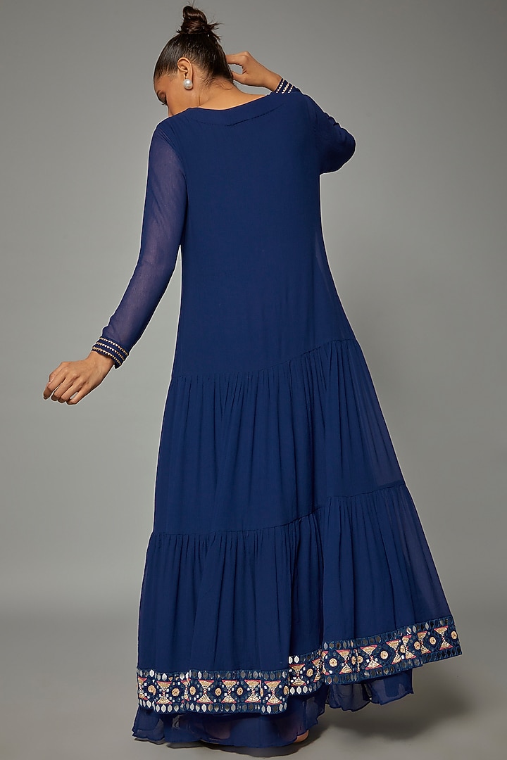 Blue Silk Embroidered Wedding Anarkali Set by Ojasvini at Pernia's Pop Up Shop