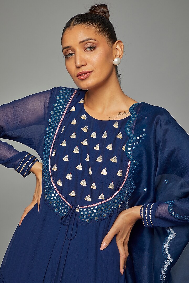 Blue Silk Embroidered Wedding Anarkali Set by Ojasvini at Pernia's Pop Up Shop