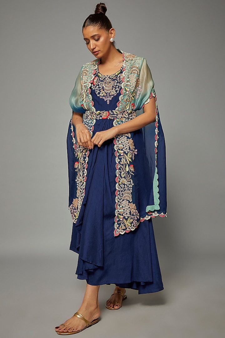 Blue Ombre Silk Embroidered Jacket Dress by Ojasvini