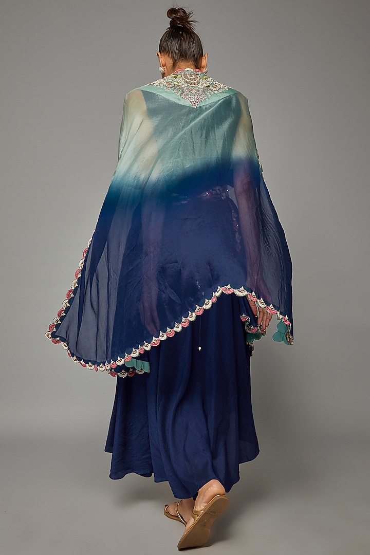 Blue Ombre Silk Embroidered Jacket Cocktail Dress by Ojasvini at Pernia's Pop Up Shop